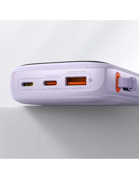 BASEUS powerbank 10 000 mAh avec câble Lightning intégré + câble USB A vers Type C PD QC3.0 3A 20W PPQD020005 violet
