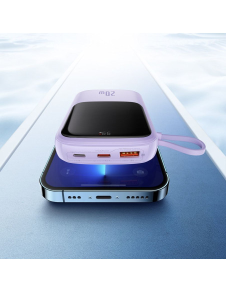 BASEUS powerbank 10 000 mAh avec câble Lightning intégré + câble USB A vers Type C PD QC3.0 3A 20W PPQD020005 violet