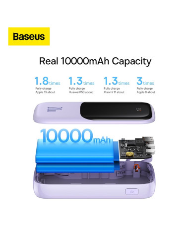 BASEUS powerbank 10 000 mAh avec câble Lightning intégré + câble USB A vers Type C PD QC3.0 3A 20W PPQD020005 violet