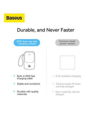 BASEUS powerbank 10 000 mAh avec câble Lightning intégré + câble USB A vers Type C PD QC3.0 3A 20W PPQD020005 violet