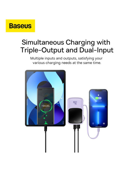 BASEUS powerbank 10 000 mAh avec câble Lightning intégré + câble USB A vers Type C PD QC3.0 3A 20W PPQD020005 violet
