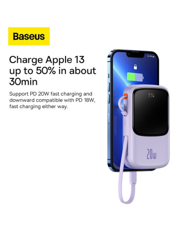 BASEUS powerbank 10 000 mAh avec câble Lightning intégré + câble USB A vers Type C PD QC3.0 3A 20W PPQD020005 violet