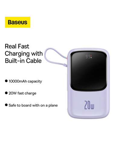 BASEUS powerbank 10 000 mAh avec câble Lightning intégré + câble USB A vers Type C PD QC3.0 3A 20W PPQD020005 violet