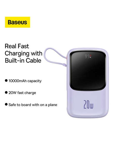 BASEUS powerbank 10 000 mAh avec câble Lightning intégré + câble USB A vers Type C PD QC3.0 3A 20W PPQD020005 violet