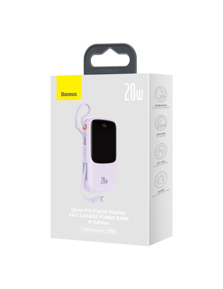 BASEUS powerbank 10 000 mAh avec câble Lightning intégré + câble USB A vers Type C PD QC3.0 3A 20W PPQD020005 violet