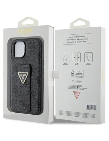 GUESS Coque pour IPHONE 13 / 14 / 15 GUHCP15SPGS4TDK (Grip Stand 4G Triangle Strass) noir