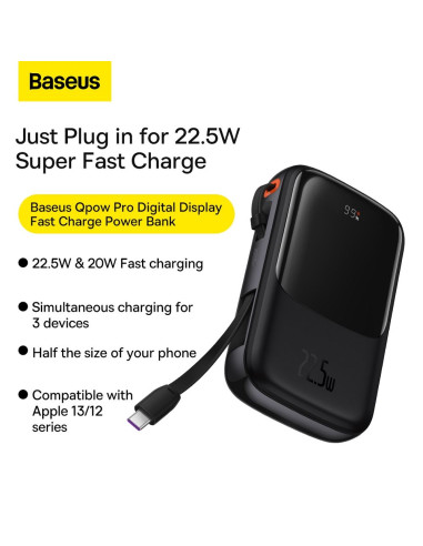 BASEUS powerbank 10 000 mAh with built-in cable + cable USB A to Type C PD QC3.0 3A 22,5W PPQD020101 black