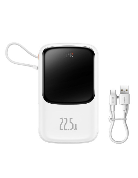 BASEUS powerbank 10 000 mAh avec câble Type C intégré + câble USB A vers Type C PD QC3.0 3A 22.5W PPQD020102 blanc