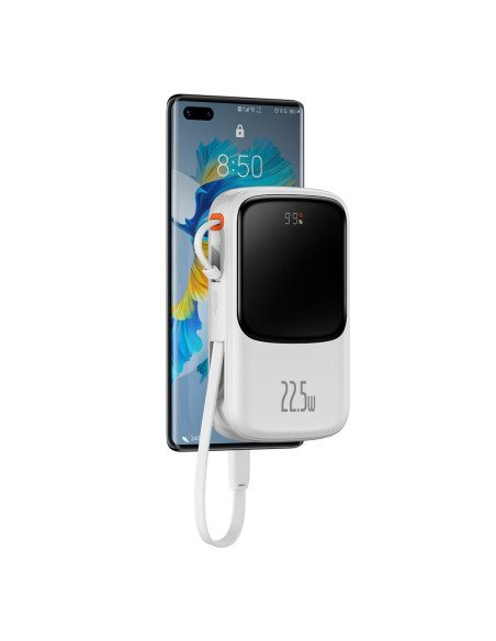 BASEUS powerbank 10 000 mAh avec câble Type C intégré + câble USB A vers Type C PD QC3.0 3A 22.5W PPQD020102 blanc