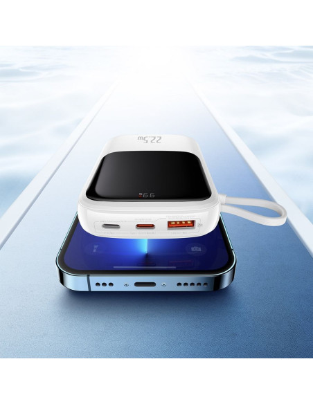 BASEUS powerbank 10 000 mAh avec câble Type C intégré + câble USB A vers Type C PD QC3.0 3A 22.5W PPQD020102 blanc