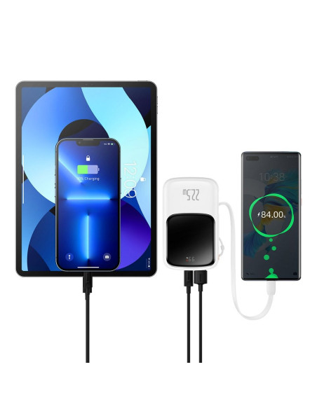 BASEUS powerbank 10 000 mAh avec câble Type C intégré + câble USB A vers Type C PD QC3.0 3A 22.5W PPQD020102 blanc
