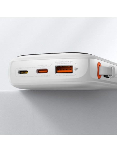 BASEUS powerbank 10 000 mAh avec câble Type C intégré + câble USB A vers Type C PD QC3.0 3A 22.5W PPQD020102 blanc
