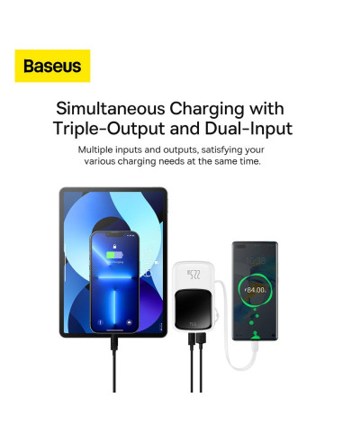 BASEUS powerbank 10 000 mAh avec câble Type C intégré + câble USB A vers Type C PD QC3.0 3A 22.5W PPQD020102 blanc