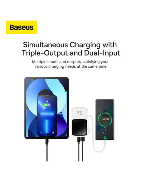 BASEUS powerbank 10 000 mAh avec câble Type C intégré + câble USB A vers Type C PD QC3.0 3A 22.5W PPQD020102 blanc
