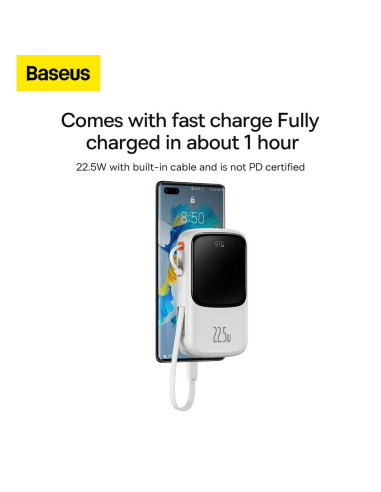 BASEUS powerbank 10 000 mAh avec câble Type C intégré + câble USB A vers Type C PD QC3.0 3A 22.5W PPQD020102 blanc