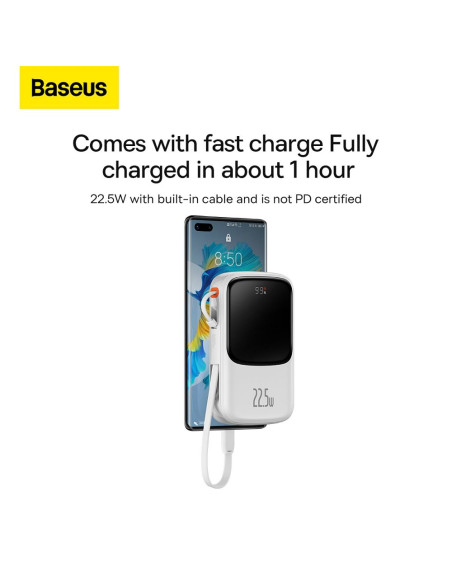 BASEUS powerbank 10 000 mAh avec câble Type C intégré + câble USB A vers Type C PD QC3.0 3A 22.5W PPQD020102 blanc