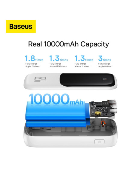 BASEUS powerbank 10 000 mAh avec câble Type C intégré + câble USB A vers Type C PD QC3.0 3A 22.5W PPQD020102 blanc