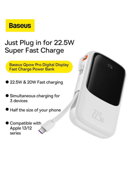 BASEUS powerbank 10 000 mAh avec câble Type C intégré + câble USB A vers Type C PD QC3.0 3A 22.5W PPQD020102 blanc