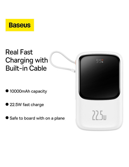 BASEUS powerbank 10 000 mAh avec câble Type C intégré + câble USB A vers Type C PD QC3.0 3A 22.5W PPQD020102 blanc