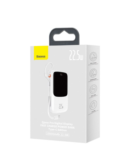 BASEUS powerbank 10 000 mAh avec câble Type C intégré + câble USB A vers Type C PD QC3.0 3A 22.5W PPQD020102 blanc