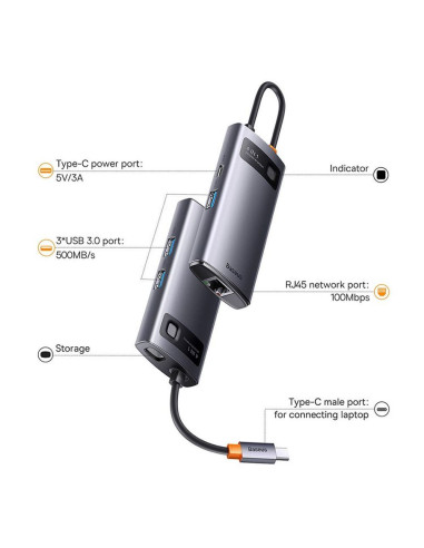 Adaptateur BASEUS HUB 4in1 WKWG070113/BS-OH067 0.17m gris