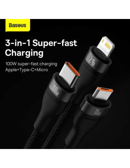 BASEUS 3in1 Flash Series USB-C micro USB Câble Lightning 100W CASS030001 1.2m noir