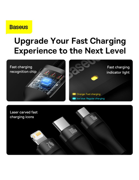 BASEUS 3in1 Flash Series USB-C micro USB Câble Lightning 100W CASS030001 1.2m noir
