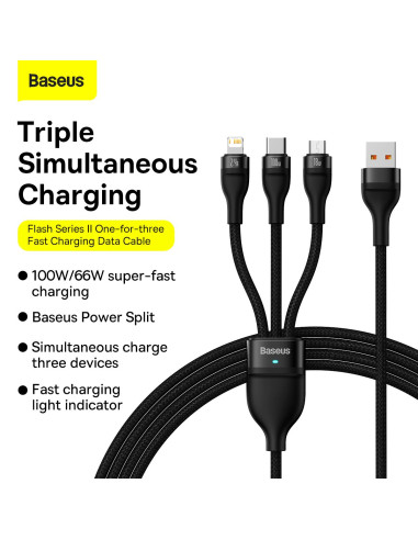 BASEUS 3in1 Flash Series USB-C micro USB Câble Lightning 100W CASS030001 1.2m noir