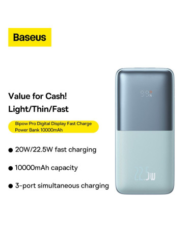 BASEUS powerbank 10 000 mAh + câble USB A vers Type C PD QC3.0 3A 22.5W PPBD040003 bleu