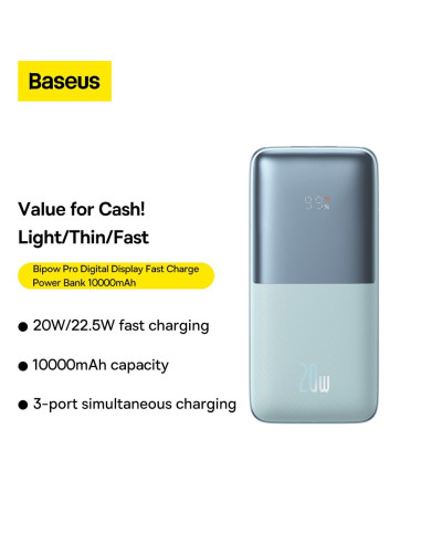 BASEUS powerbank 10 000 mAh + câble USB A vers Type C PD QC3.0 3A 20W PPBD040103 bleu
