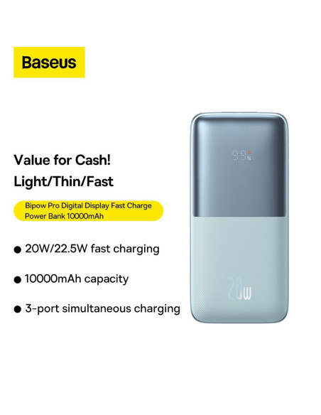BASEUS powerbank 10 000 mAh + câble USB A vers Type C PD QC3.0 3A 20W PPBD040103 bleu