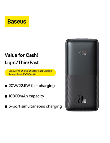 BASEUS powerbank 10 000 mAh + câble USB A vers Type C PD QC3.0 3A 20W PPBD040201 noir