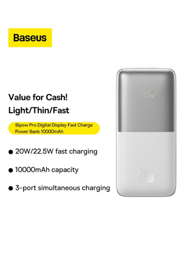 BASEUS powerbank 10 000 mAh + câble USB A vers Type C PD QC3.0 3A 20W PPBD040202 blanc