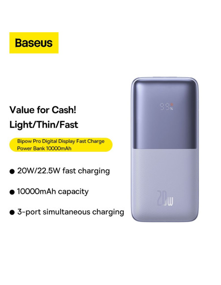 BASEUS powerbank 10 000 mAh + câble USB A vers Type C PD QC3.0 3A 20W PPBD040205 violet