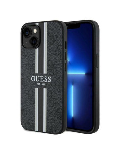 Véritable GUESS Case GUHMP15SP4RPSK pour iPhone 15 (Compatible avec Magsafe 4G Rayures imprimées / Noir)