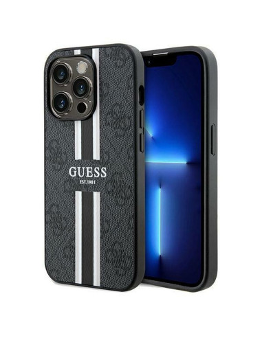 Véritable GUESS Case GUHMP15LP4RPSK pour iPhone 15 Pro (Compatible avec Magsafe 4G Rayures imprimées / Noir)