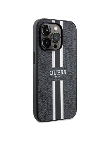 Véritable GUESS Case GUHMP15LP4RPSK pour iPhone 15 Pro (Compatible avec Magsafe 4G Rayures imprimées / Noir)