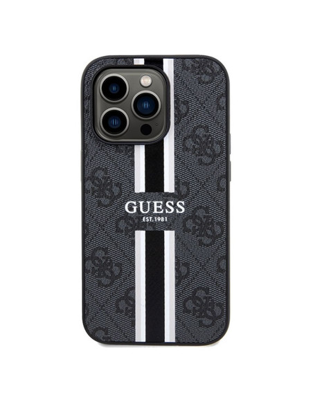 Véritable GUESS Case GUHMP15LP4RPSK pour iPhone 15 Pro (Compatible avec Magsafe 4G Rayures imprimées / Noir)
