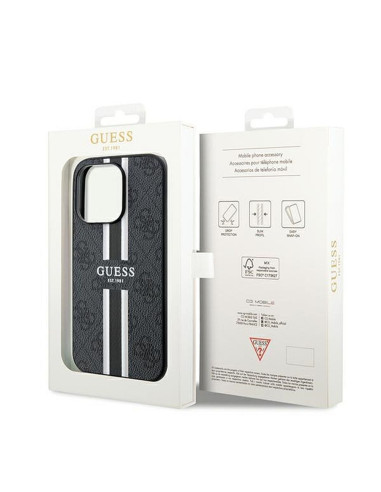 Véritable GUESS Case GUHMP15LP4RPSK pour iPhone 15 Pro (Compatible avec Magsafe 4G Rayures imprimées / Noir)
