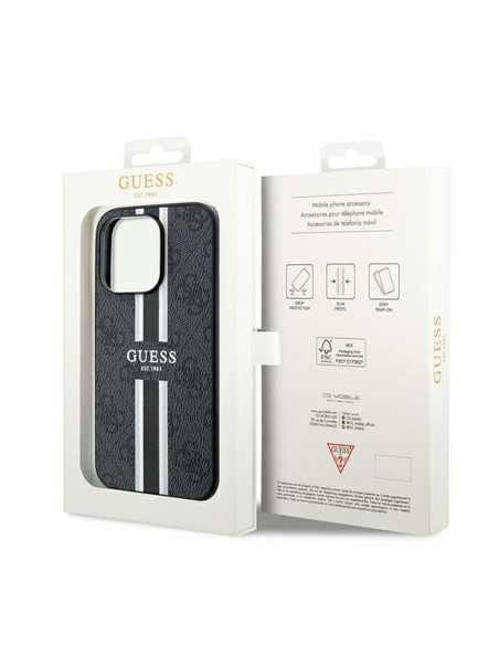 Véritable GUESS Case GUHMP15LP4RPSK pour iPhone 15 Pro (Compatible avec Magsafe 4G Rayures imprimées / Noir)