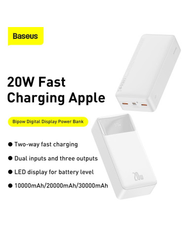 BASEUS powerbank 30 000 mAh + cable USB A do Micro USB PD QC3.0 3A 20W PPBD050402 white
