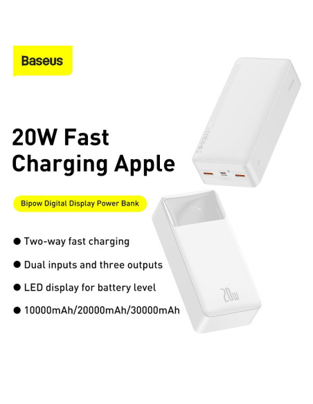 BASEUS powerbank 30 000 mAh + cable USB A do Micro USB PD QC3.0 3A 20W PPBD050402 white