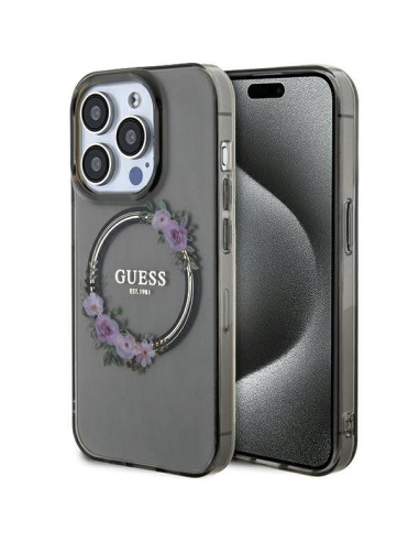 Véritable GUESS Case GUHMP15LHFWFCK pour iPhone 15 Pro (Compatible avec Magsafe / Couronne de fleurs / noir)