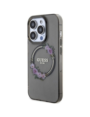 Véritable GUESS Case GUHMP15LHFWFCK pour iPhone 15 Pro (Compatible avec Magsafe / Couronne de fleurs / noir)