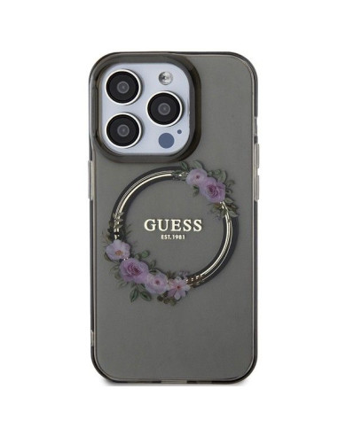 Véritable GUESS Case GUHMP15LHFWFCK pour iPhone 15 Pro (Compatible avec Magsafe / Couronne de fleurs / noir)