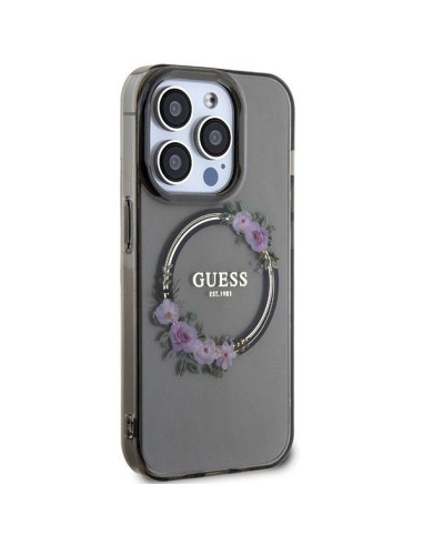 Véritable GUESS Case GUHMP15LHFWFCK pour iPhone 15 Pro (Compatible avec Magsafe / Couronne de fleurs / noir)