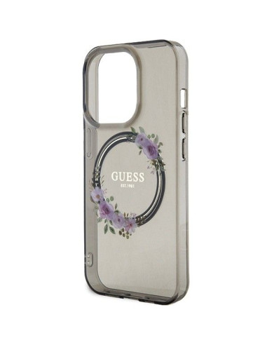 Véritable GUESS Case GUHMP15LHFWFCK pour iPhone 15 Pro (Compatible avec Magsafe / Couronne de fleurs / noir)