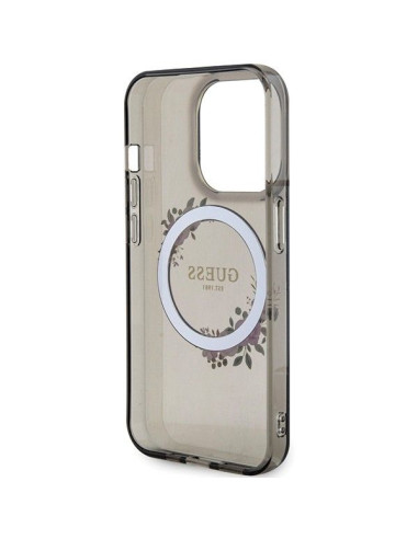 Véritable GUESS Case GUHMP15LHFWFCK pour iPhone 15 Pro (Compatible avec Magsafe / Couronne de fleurs / noir)