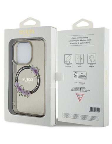 Véritable GUESS Case GUHMP15LHFWFCK pour iPhone 15 Pro (Compatible avec Magsafe / Couronne de fleurs / noir)