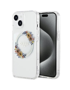 Véritable GUESS Case GUHMP15SHFWFCT pour iPhone 15 (Compatible avec Magsafe / Couronne de fleurs / transparent)